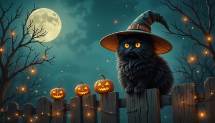 Mystical Black Cat on Halloween Night