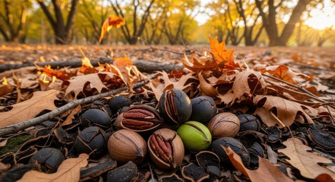 Pecans on Fallen Leaves in Autumn Forest with Golden Sunlight
