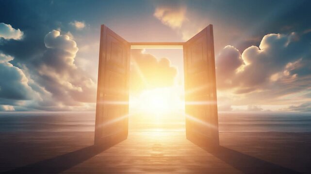 open door to heaven or paradise, new life or changes and opportunity concept, doorway to freedom 4k