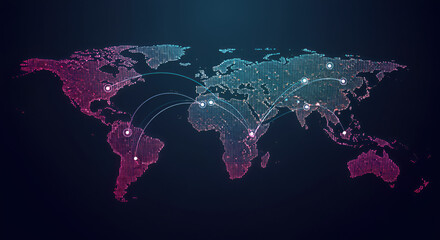 Global network connections visualized on a digital world map with glowing points and connecting lines, illustrating international communication and data flow across continents