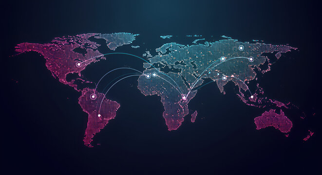 Global network connections visualized on a digital world map with glowing points and connecting lines, illustrating international communication and data flow across continents