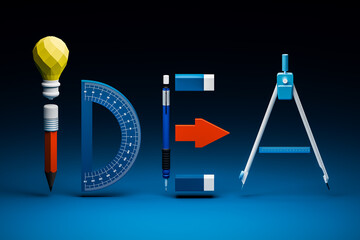 A light bulb, pencil, semicircle, eraser, and compass arranged to spell "idea" represents learning, school, education, and knowledge.
