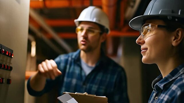 Industrial engineers in hard hats and safety glasses collaborating on machinery inspection, discussing technical operations in a modern factory set... - Powered by Adobe