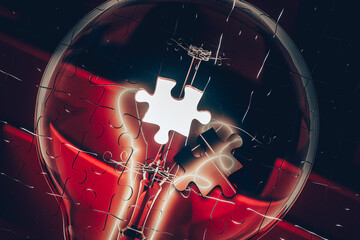 A jigsaw puzzle shaped like a light bulb with one missing piece represents ideas, what's missing, strategy, and teamwork.