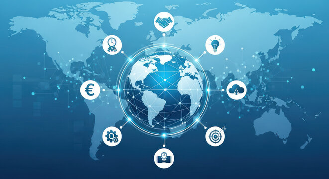 Digital Earth globe with a glowing network connecting various business and technology icons against a world map background.