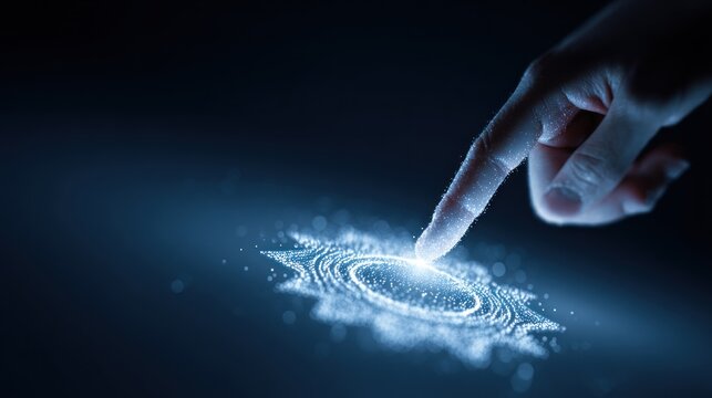 Finger touching digital technology interface, business process automation and innovation concept, data analysis