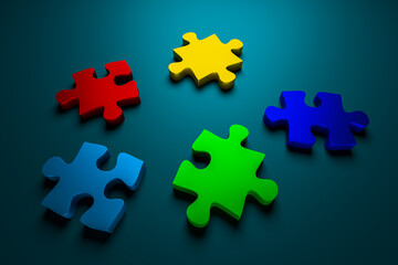 Jigsaw pieces in different colors represent ideas, thoughts, and teamwork.