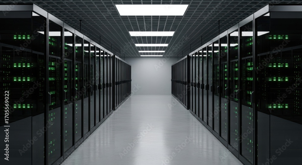 Aufkleber a long brightly lit corridor in a modern data center filled with rows of server