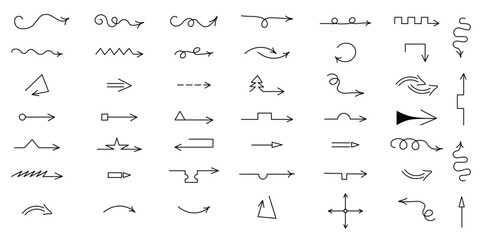 Big vector Arrows set. Doodle hand drawn vector Arrows collection isolated white background. Editable EPS 10