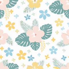 Fototapeta premium Pastel tropical floral pattern, seamless design featuring hibiscus, monstera leaves, and small flowers.