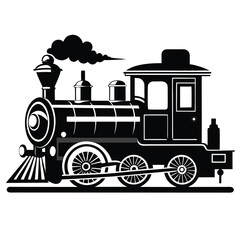 Silhouette of a classic steam train with smoke coming out of the chimney on a white background Keywords: steam train, locomotive, vintage, retro, transportation, railway, engine, transport, travel
