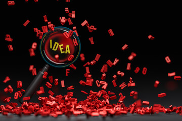 Letters falling down with a magnifying glass focusing on the word "idea" represents searching for ideas, thoughts, inspiration, and goals.