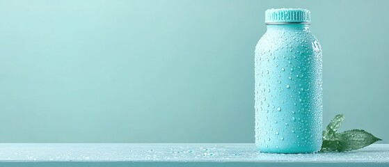 Fresh Aqua Bottle Covered Droplets Near Green Leaves Fitness And Health Liquid Container On Plain Surface