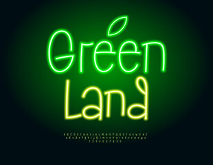 Vector Glowing board Green Land. Bright Glowing Font. Led Light Alphabet Letters and Numbers set.