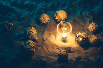 A glowing light bulb on a crumpled paper with more crumpled papers around it represents leadership, ideas, planning, teamwork, or problem-solving meetings.