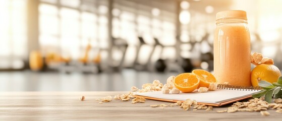 Obraz premium Orange Beverage and Fitness Notes at Gym. Health Food, Grains, Orange Halves, Cubes, Notebook on Table. Gym in Blur Background. Light Background