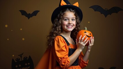A cheerful little girl in a witch costume holding a pumpkin on a dark orange halloween background with bats and stars