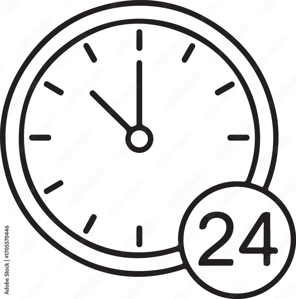Poster simple line art icon of a clock with 24 hour service symbol