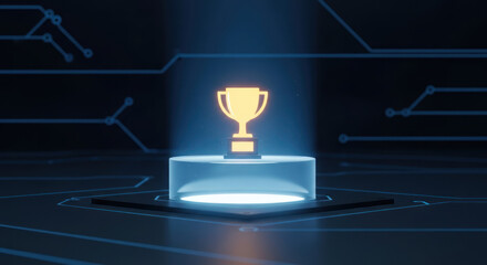 Glowing trophy icon on a digital circuit board, highlighting achievement.