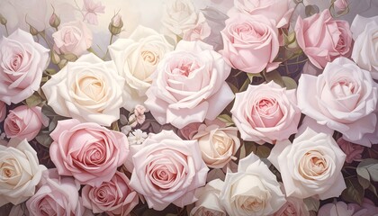 Obraz premium A close-up view shows a bed of assorted roses in various shades of pink and cream, creating a soft and romantic floral arrangement
