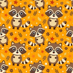 Seamless background with raccoon and elements of flowers, stars, leaves, dots on dark yellow background.