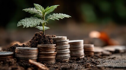 Vibrant Green Sprout Defiantly Emerging from a Pile of Currency Stacks, Inspiring Resilience for Marketing and Branding Projects.