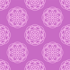 Elegant seamless mandala floral pattern with geometric circular symmetry in pastel pink on vibrant purple background