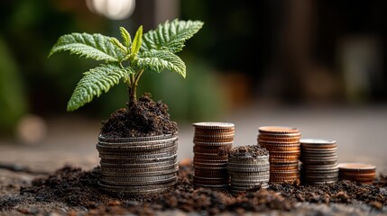Growing Plant on a Stack of Coins Financial Prosperity Meets Natures Resilience, Ideal for Branding and Motivational Projects.