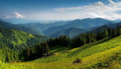 Fototapeta premium Green Hillside Meets The Forest And Mountains In Summer