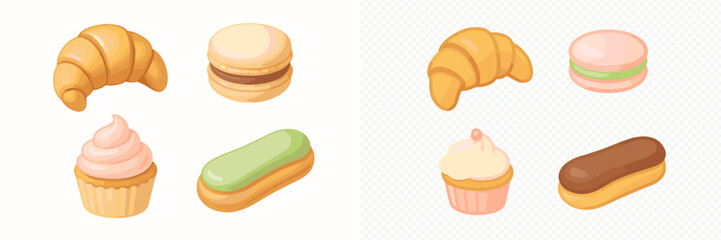 Delicious assortment of French pastries and sweet baked goods including croissants, macarons, eclairs, and cupcakes