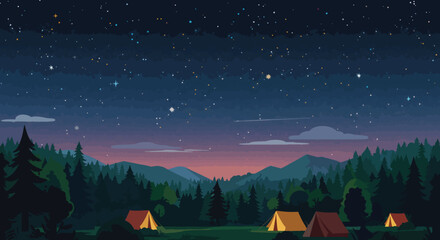 Nighttime Camping Scene with Illuminated Tents Under a Starry Sky