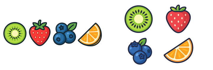 Bright colorful fresh healthy fruits collection with kiwi strawberry blueberries and orange slice for balanced diet