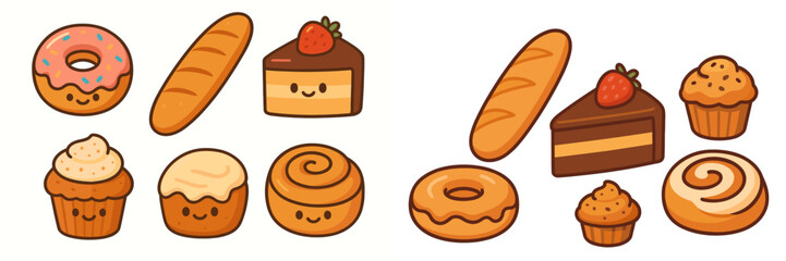 Assortment of charming cartoon baked goods including donuts, cupcakes, bread, cake slices, and cinnamon rolls with cute smiling faces