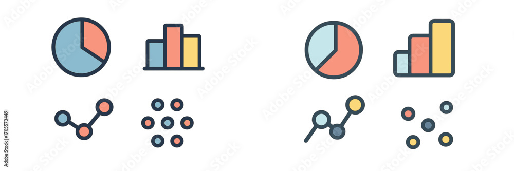 Poster colorful data visualization icons with pie charts, bar graphs, line graphs, and scatter plots for an