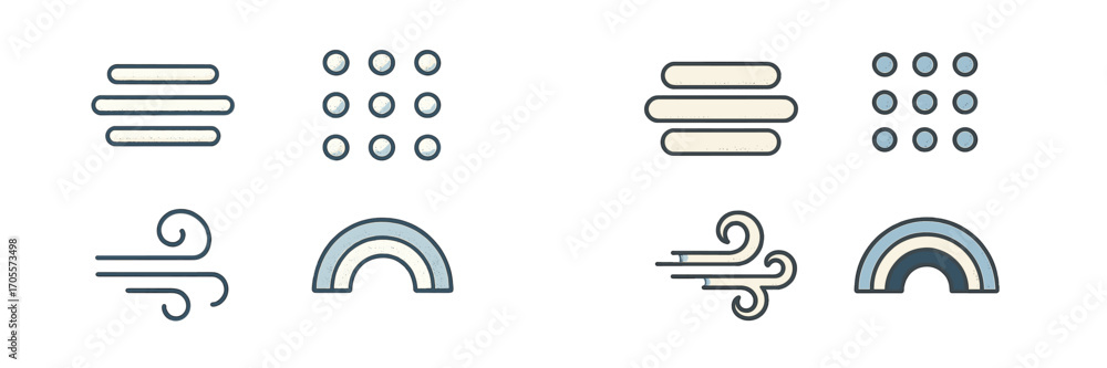 Aufkleber modern minimalist user interface icons featuring menu, wind, and rainbow symbols for web and mobile 