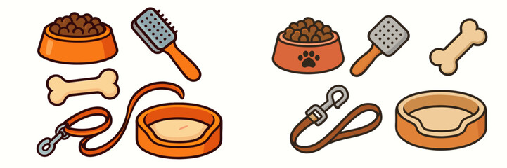 Essential pet care items collection with food bowls, grooming brush, bone toy, leash, and comfortable bed