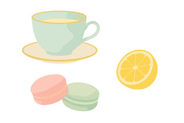 Elegant teacup with saucer, fresh lemon slice, and colorful macarons for a delightful afternoon tea time
