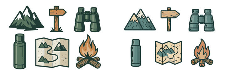 Outdoor adventure and camping essentials icon set with mountains, map, binoculars, campfire, and signpost © icon_art