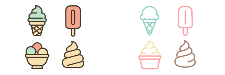 Colorful sweet frozen desserts assortment featuring ice cream cones, popsicles, soft serve, and scoops in a bowl