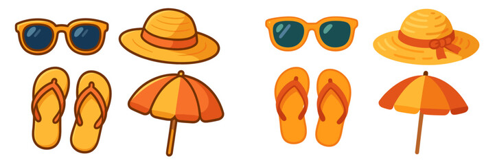 Collection of summer beach vacation accessories including sunglasses, straw hats, flip-flops, and beach umbrellas