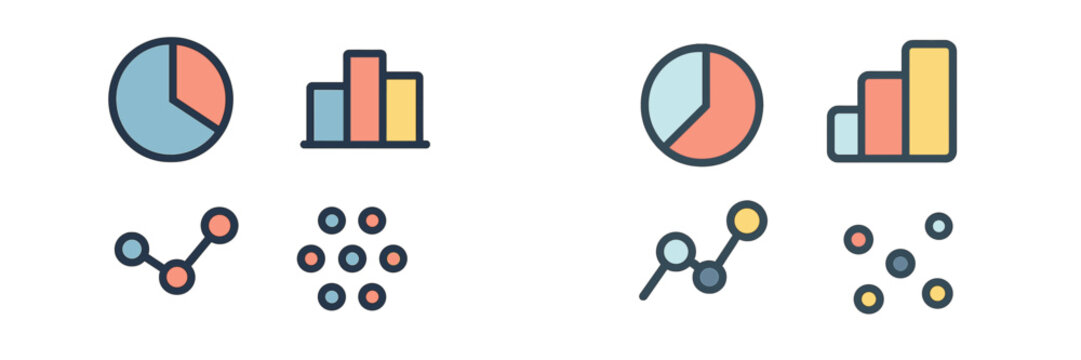 Colorful data visualization icons with pie charts, bar graphs, line graphs, and scatter plots for analytics