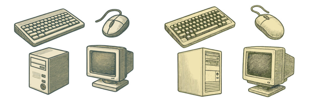 Collection of vintage computer hardware including retro desktop towers, CRT monitors, classic keyboards, and wired mice