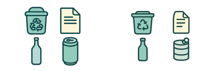 Recycling and waste management symbols for environmental sustainability with bin, paper, bottle, cans
