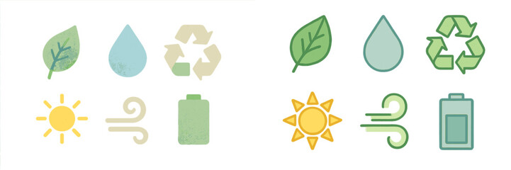 Eco friendly environmental sustainability and renewable energy resource with textured paper effect featuring leaf water drop recycle sun wind and battery