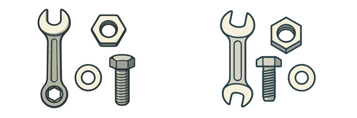 Essential mechanical tools and fasteners collection featuring a wrench, nut, bolt, and washer for various industrial and DIY projects