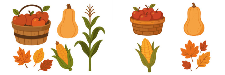 Autumn harvest collection with red apples in baskets, golden butternut squash, green corn, and colorful fall leaves