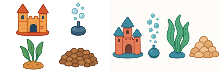 Collection of colorful aquarium decoration elements featuring underwater castles, vibrant green plants, air pump bubbles, and natural gravel