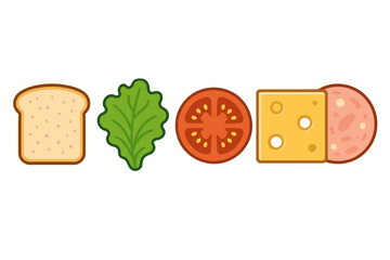 Fresh sandwich ingredients arranged horizontally with bread, lettuce, tomato, cheese, and deli meat slices