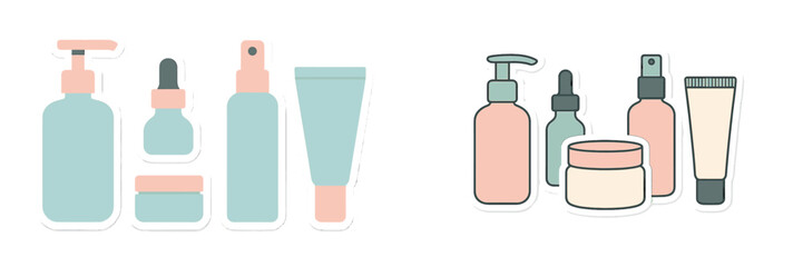 Collection of cosmetic and skincare product containers with pump bottles, dropper bottles, spray bottles, and cream jars