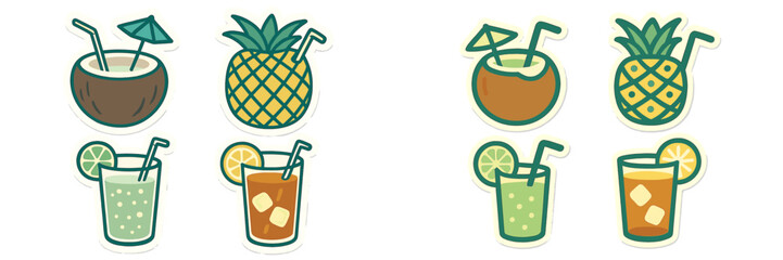 Assortment of refreshing tropical summer drinks including coconut, pineapple, and juice beverages with straws and fruit garnishes